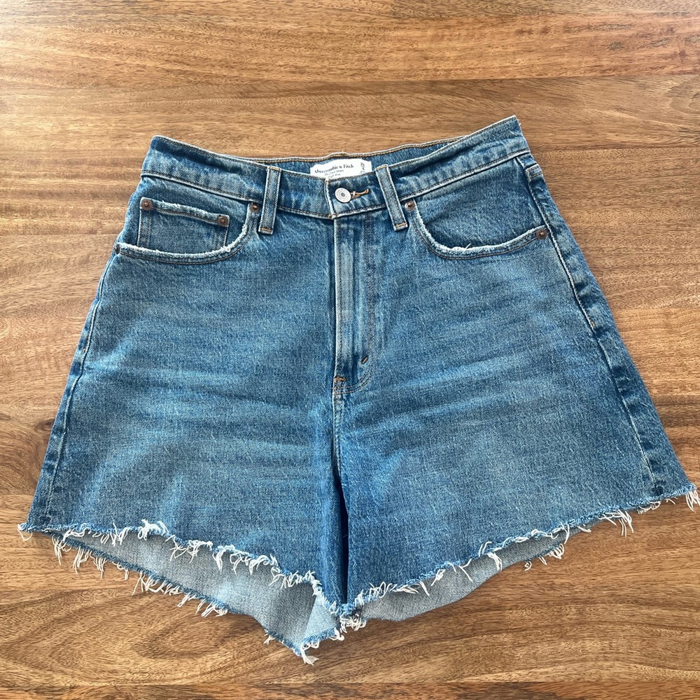 Abercrombie & Fitch Distressed High-Rise Denim Shorts in Blue